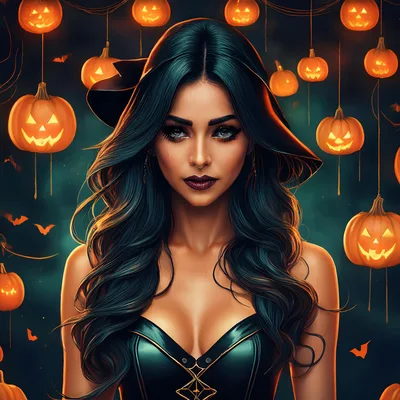 Beautiful Witch Portrait With Hanging Jack O Lanterns