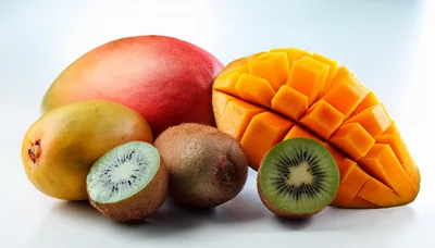 Fresh Mangoes and Kiwis on White Background