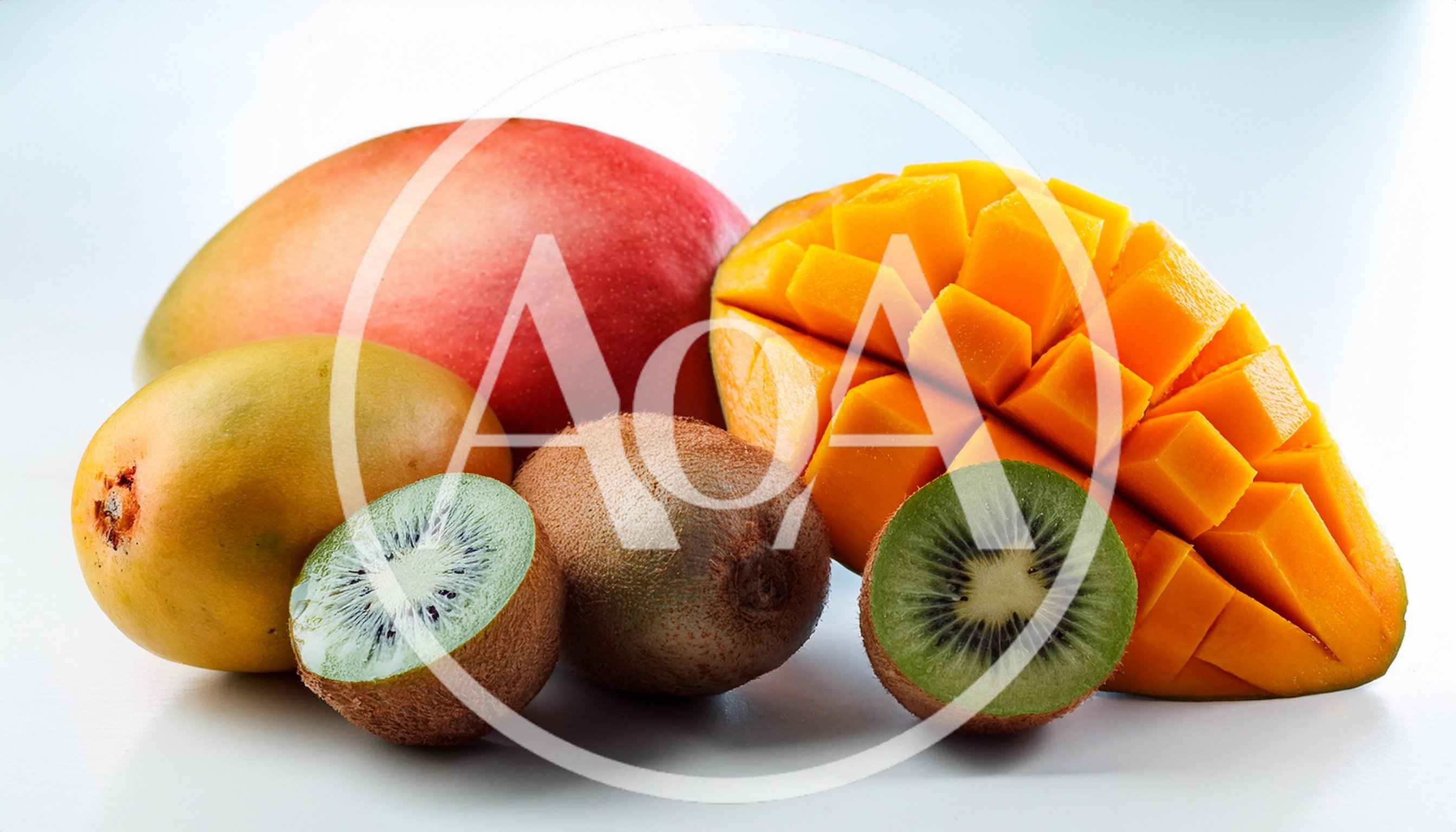 Fresh Mangoes and Kiwis on White Background