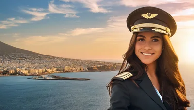Female Airline Pilot Smiling Against Coastal City Background