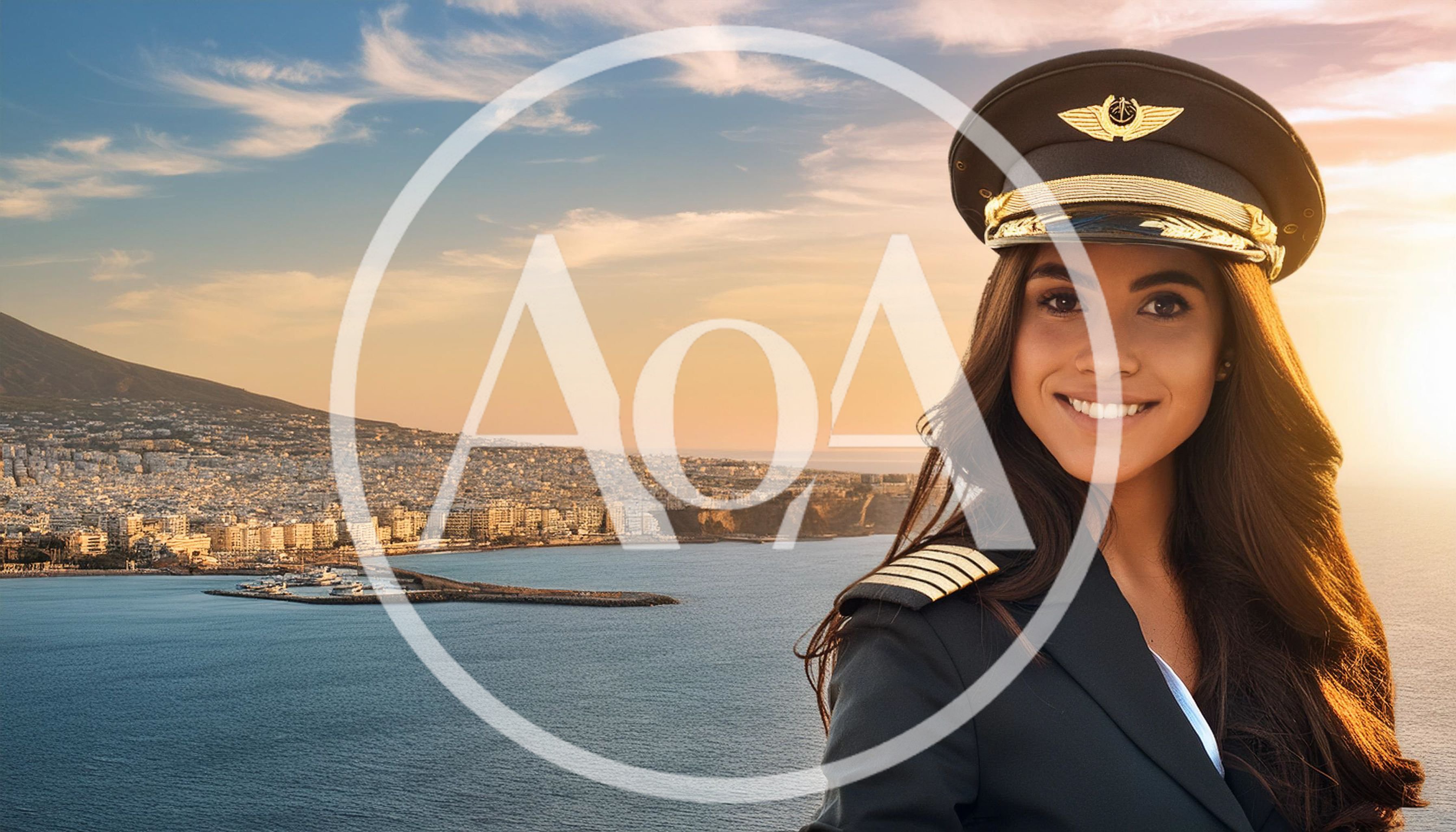 Female Airline Pilot Smiling Against Coastal City Background