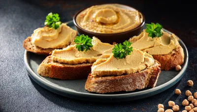 Hummus Topped Toasted Bread Slices on Plate