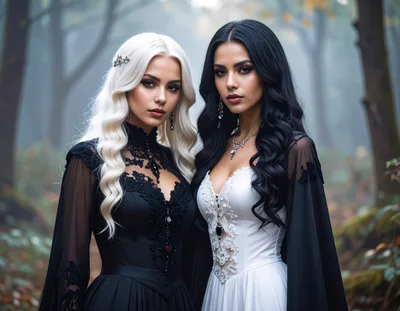 Two Elegant Women In Gothic Attire In A Forest