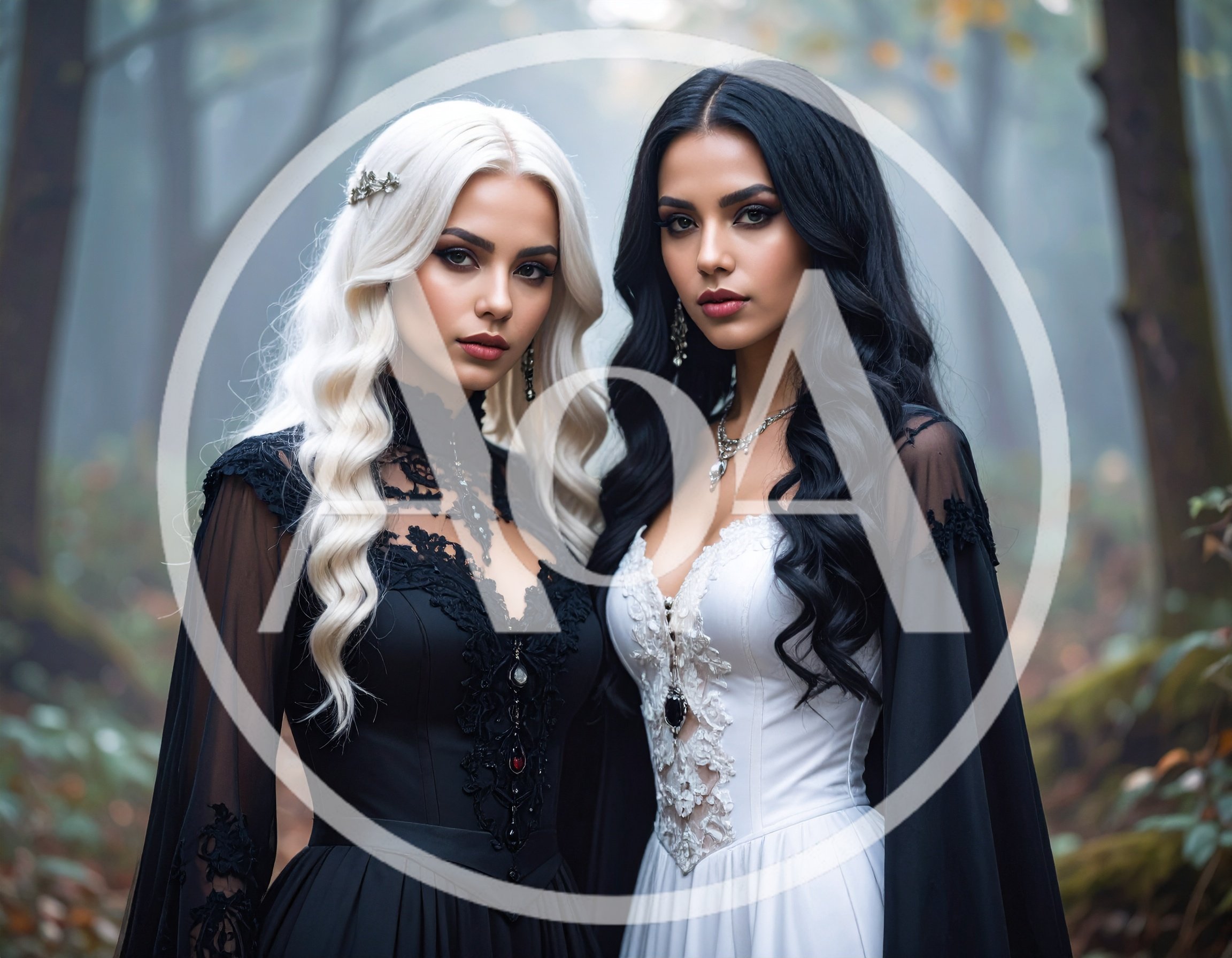 Two Elegant Women In Gothic Attire In A Forest