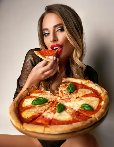 Beautiful Woman Eating A Slice Of Margherita Pizza