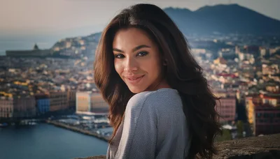 Portrait Of A Beautiful Woman Overlooking Naples Cityscape