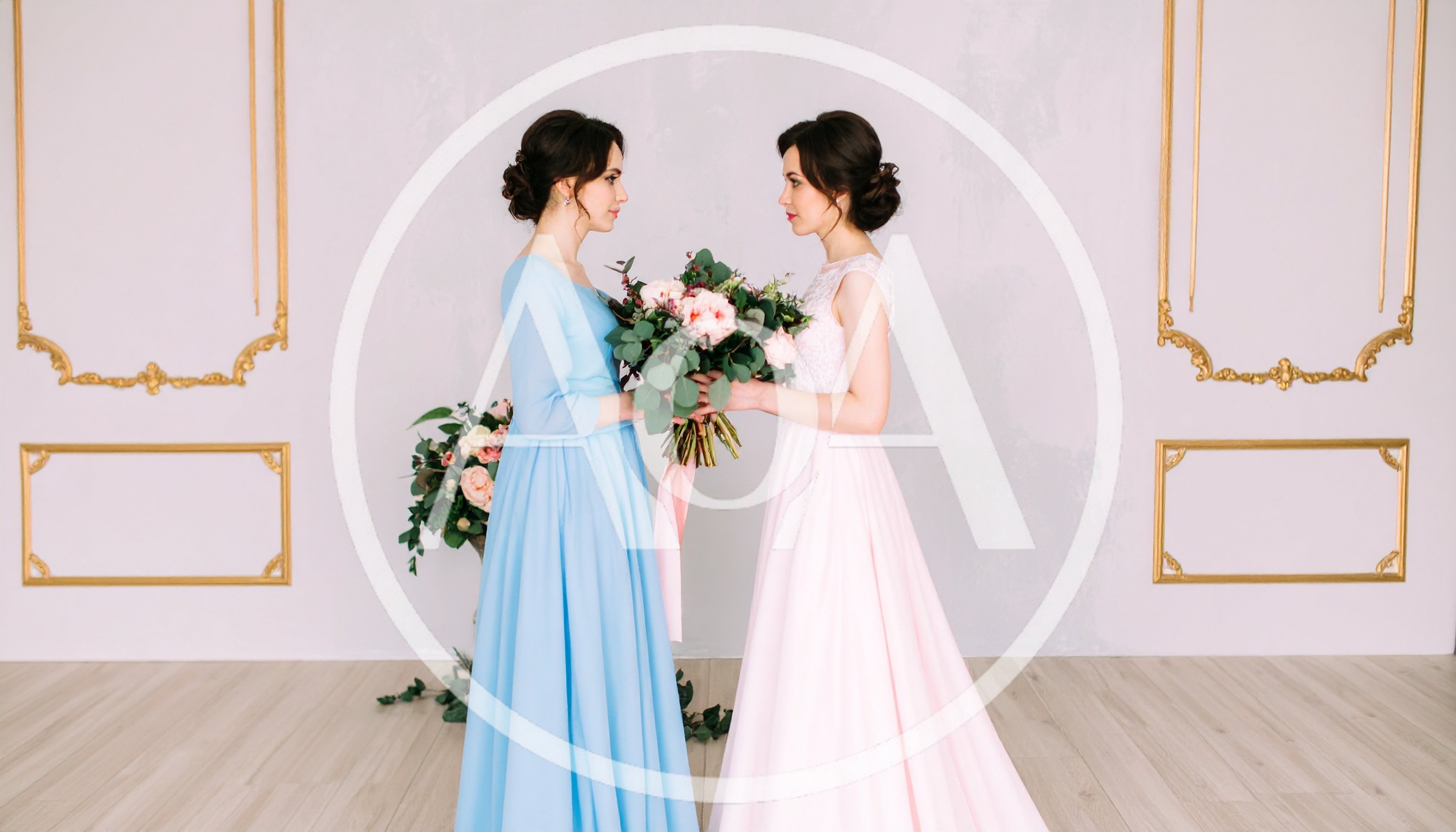 Two Women Holding A Wedding Bouquet In A Studio