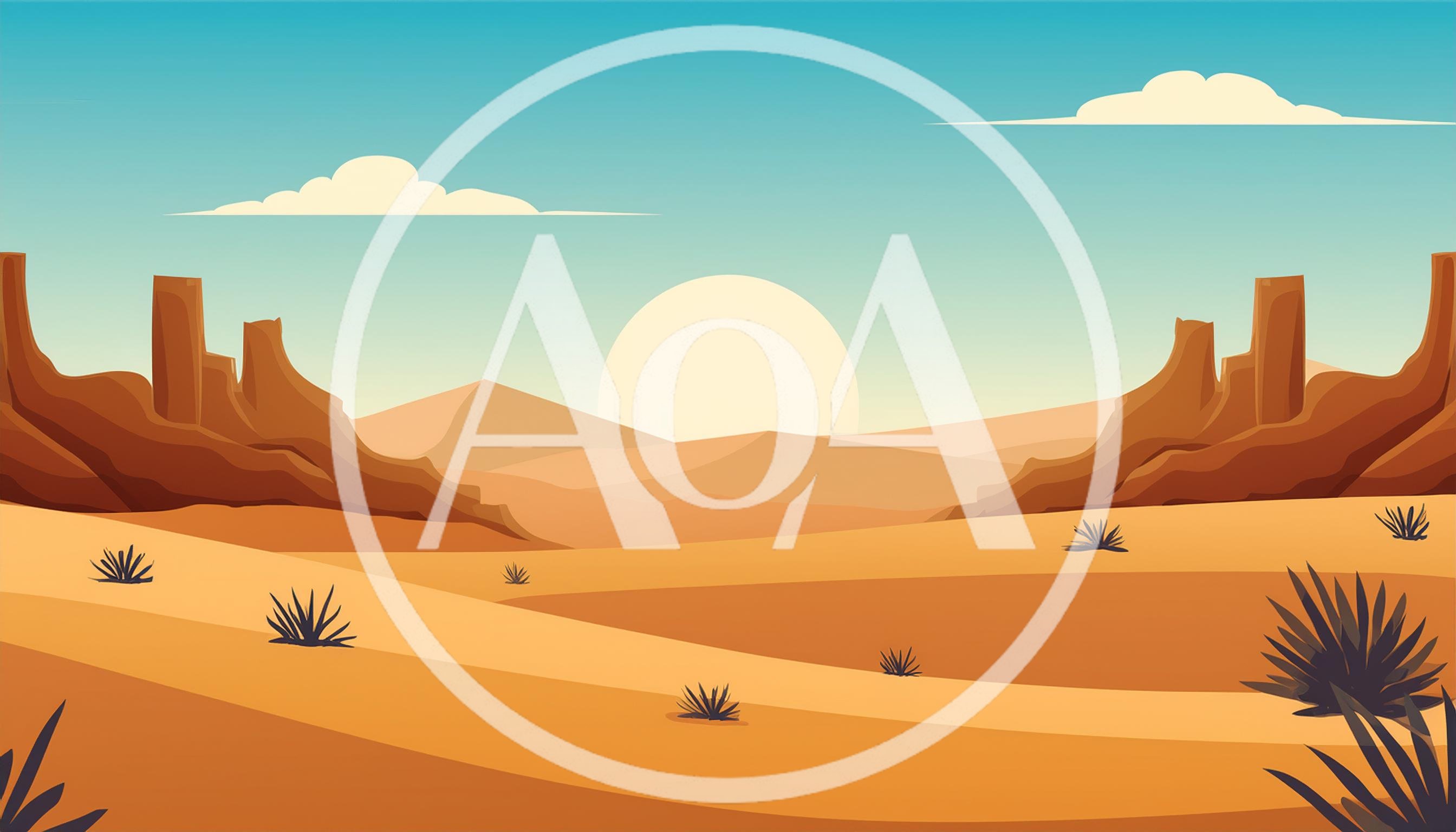 Desert Landscape With Rocky Formations And Sunset
