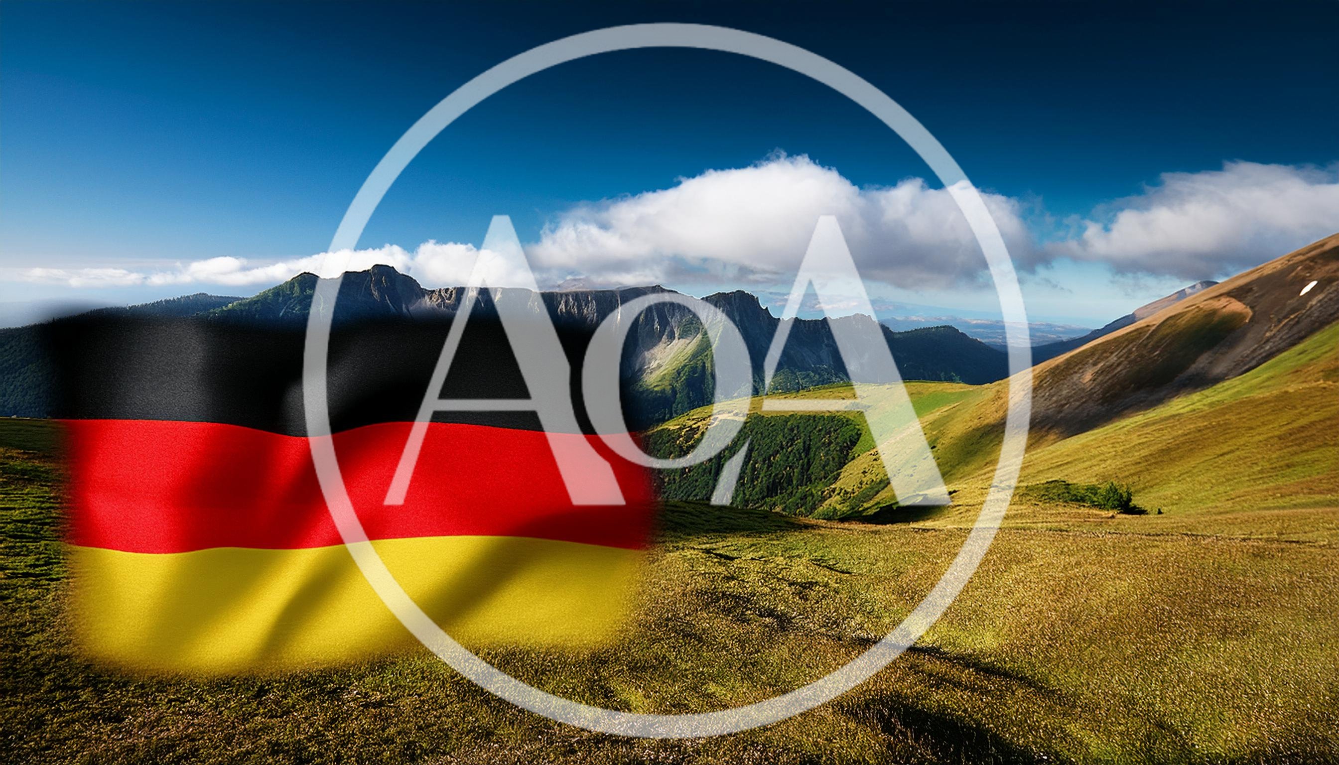 German Flag Waving Over A Scenic Mountain Landscape