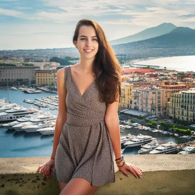 Young Woman Posing On A Terrace Overlooking Naples Harbor