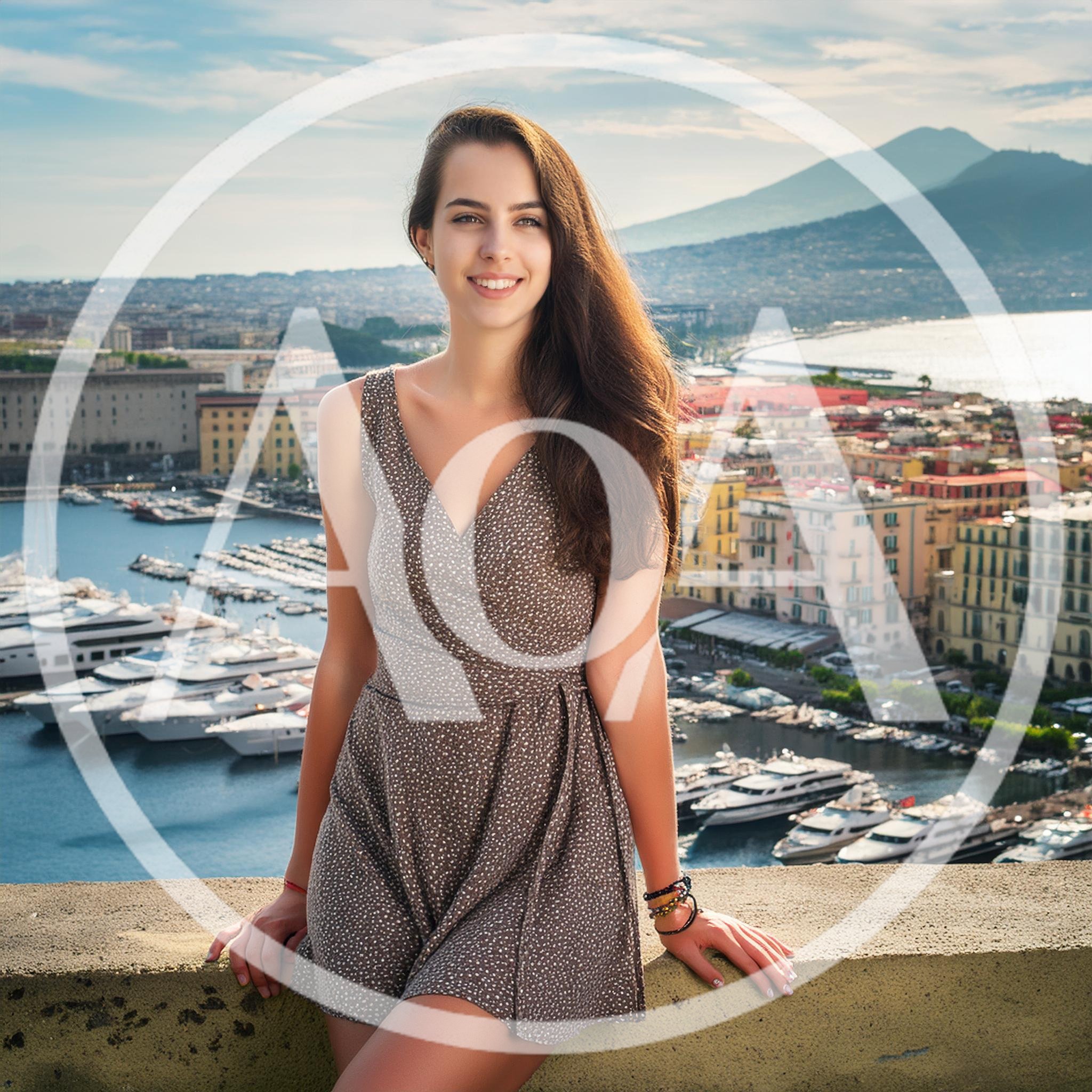 Young Woman Posing On A Terrace Overlooking Naples Harbor