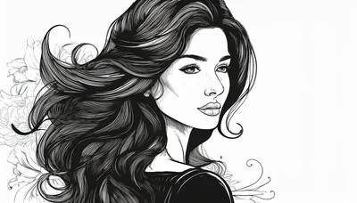 Elegant Woman With Flowing Hair Line Art Illustration