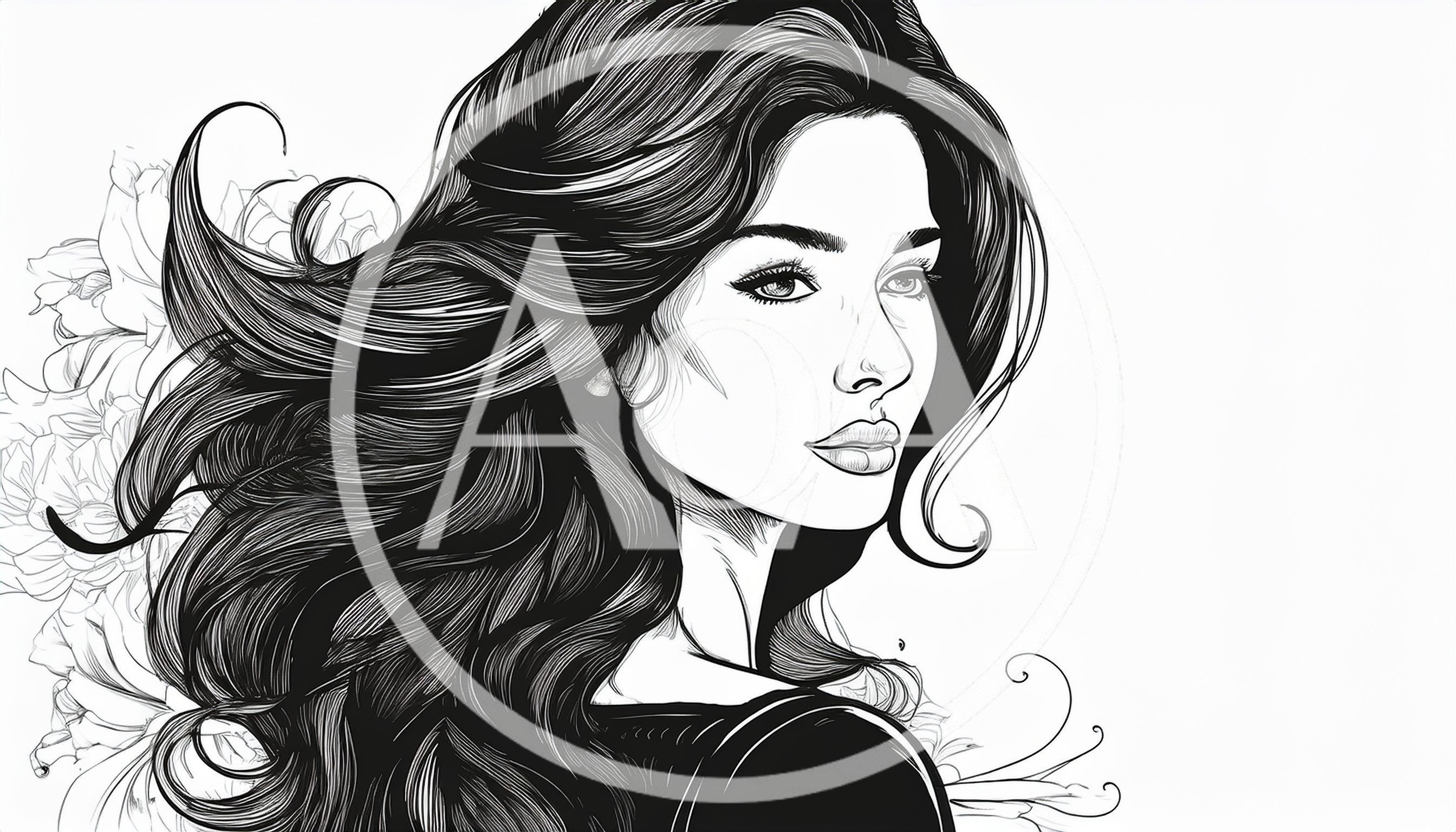 Elegant Woman With Flowing Hair Line Art Illustration