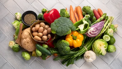 Fresh Assorted Vegetables and Grains on Wooden Surface