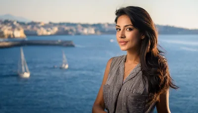 Young Woman Posing Against A Scenic Coastal Background