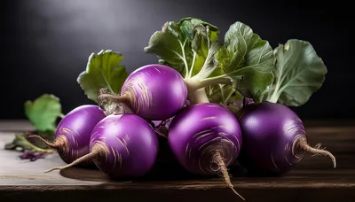 Fresh Purple Turnips With Green Leaves On Wooden Table