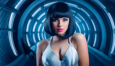 Futuristic Woman With Bob Haircut In Sci-Fi Tunnel