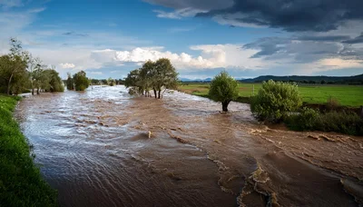 Flooded River Overflowing Into Green Agricultural Fields