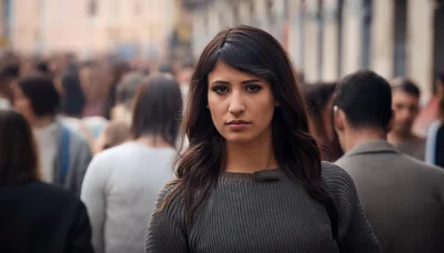 Young Woman Standing In A Crowded City Street