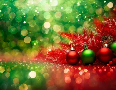 Christmas Ornaments With Red Pine Needles And Bokeh