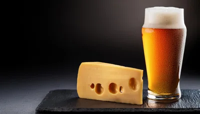 Glass Of Cold Beer And Swiss Cheese Wedge