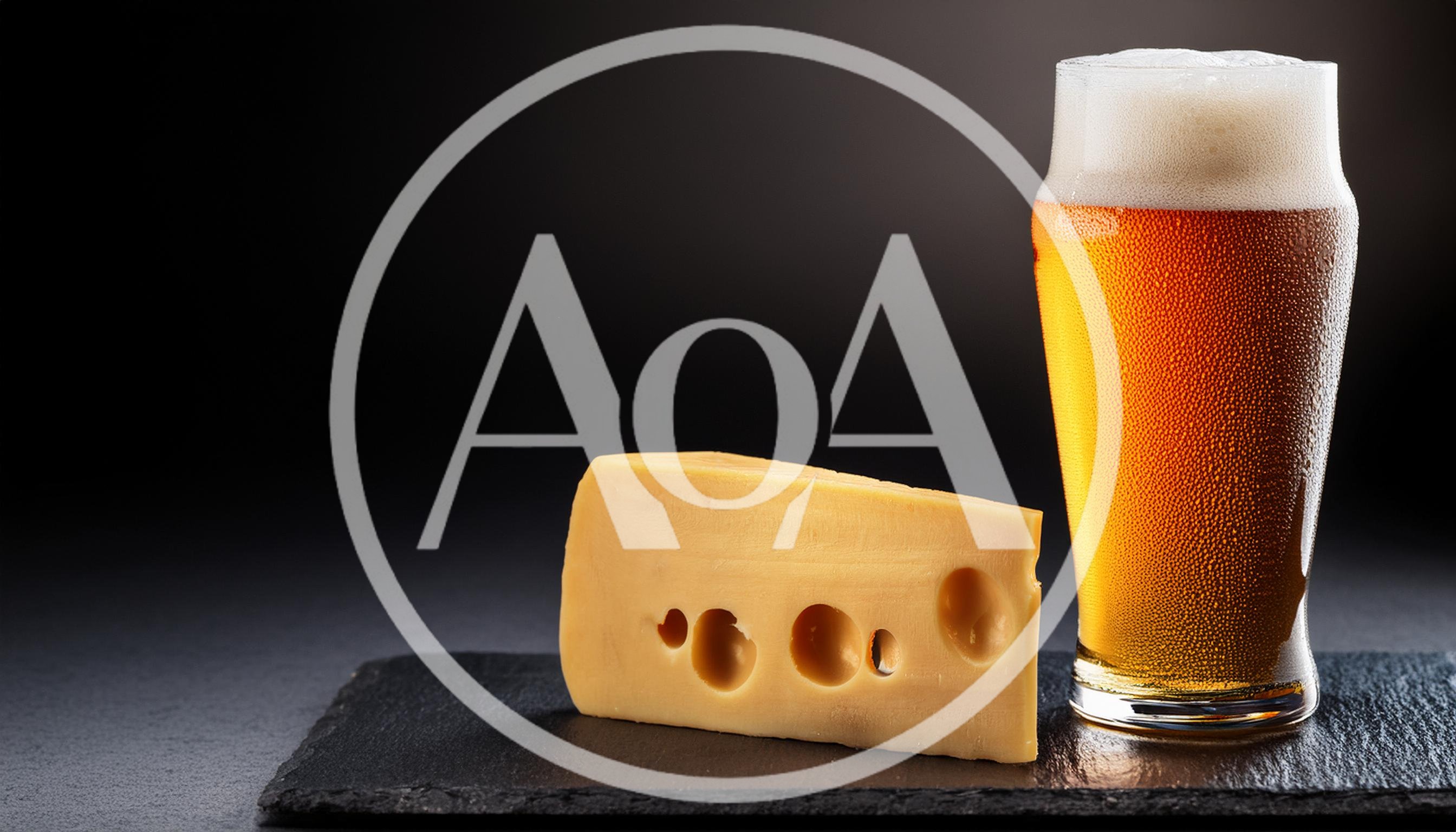 Glass Of Cold Beer And Swiss Cheese Wedge