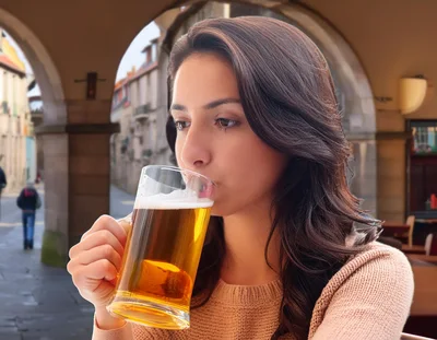 Young Woman Drinking Beer In A European Street Cafe