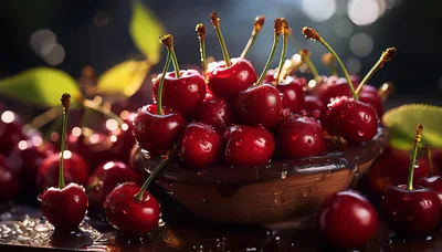 Fresh Red Cherries In A Rustic Wooden Bowl