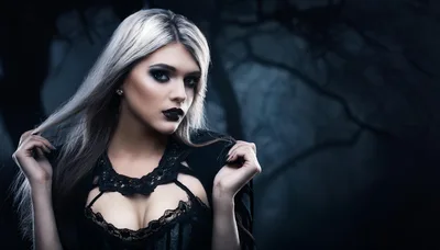 Gothic Woman With Blonde Hair In Dark Forest