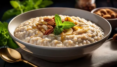 Bowl Of Creamy Oatmeal With Almonds And Mint