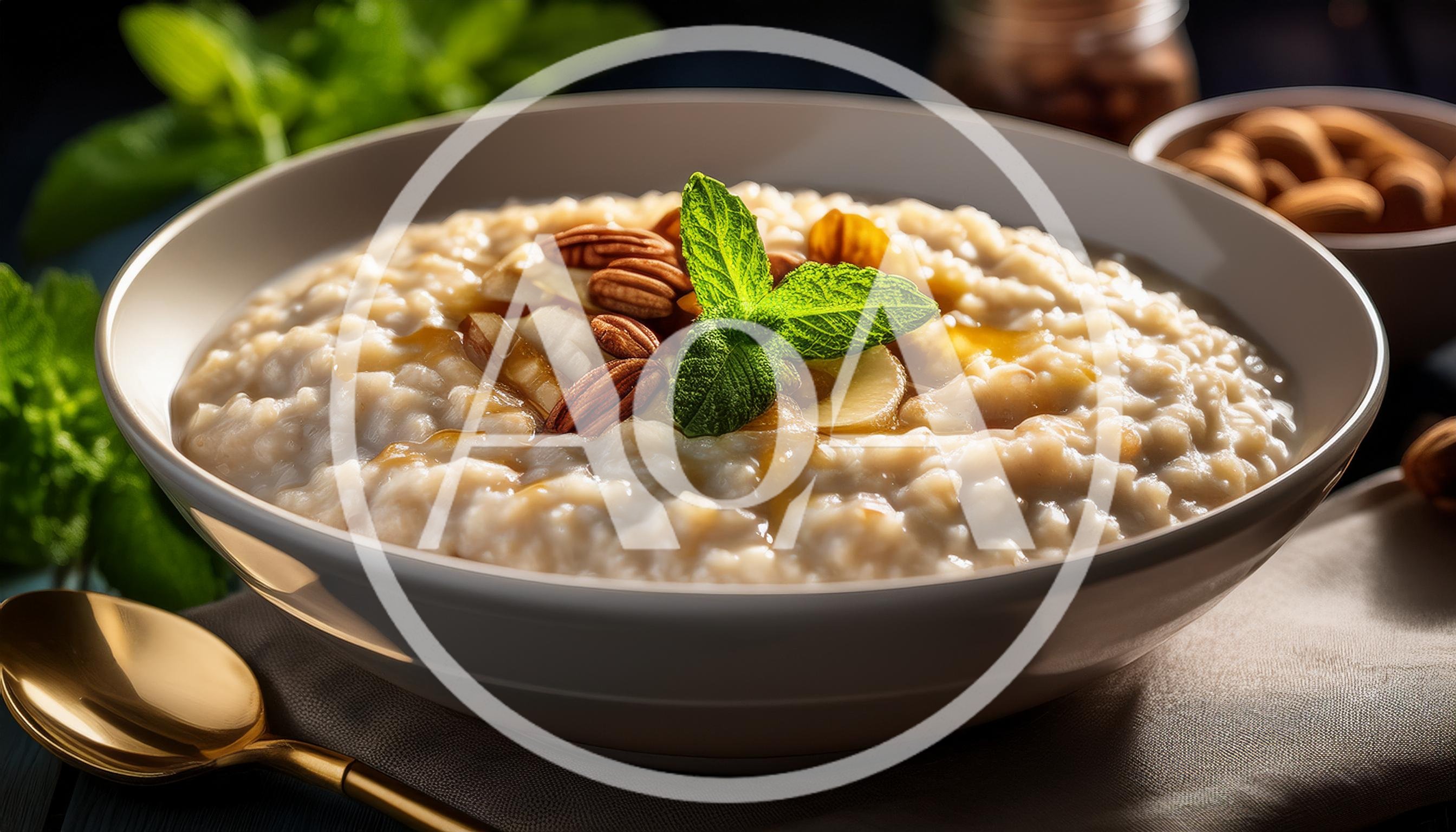 Bowl Of Creamy Oatmeal With Almonds And Mint