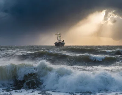 Tall Ship Sailing Through Rough Stormy Seas