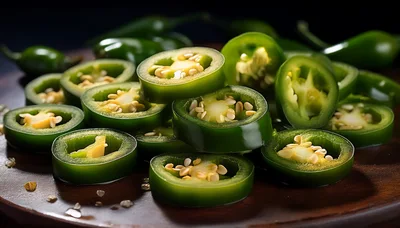 Fresh Sliced Jalapeno Peppers On A Wooden Board