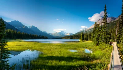 Scenic Boardwalk Trail Through Lush Mountain Wetland