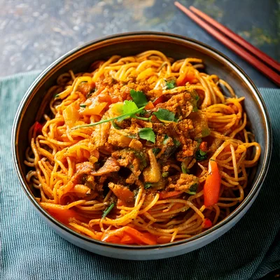 Bowl Of Spicy Stir Fried Noodles With Vegetables