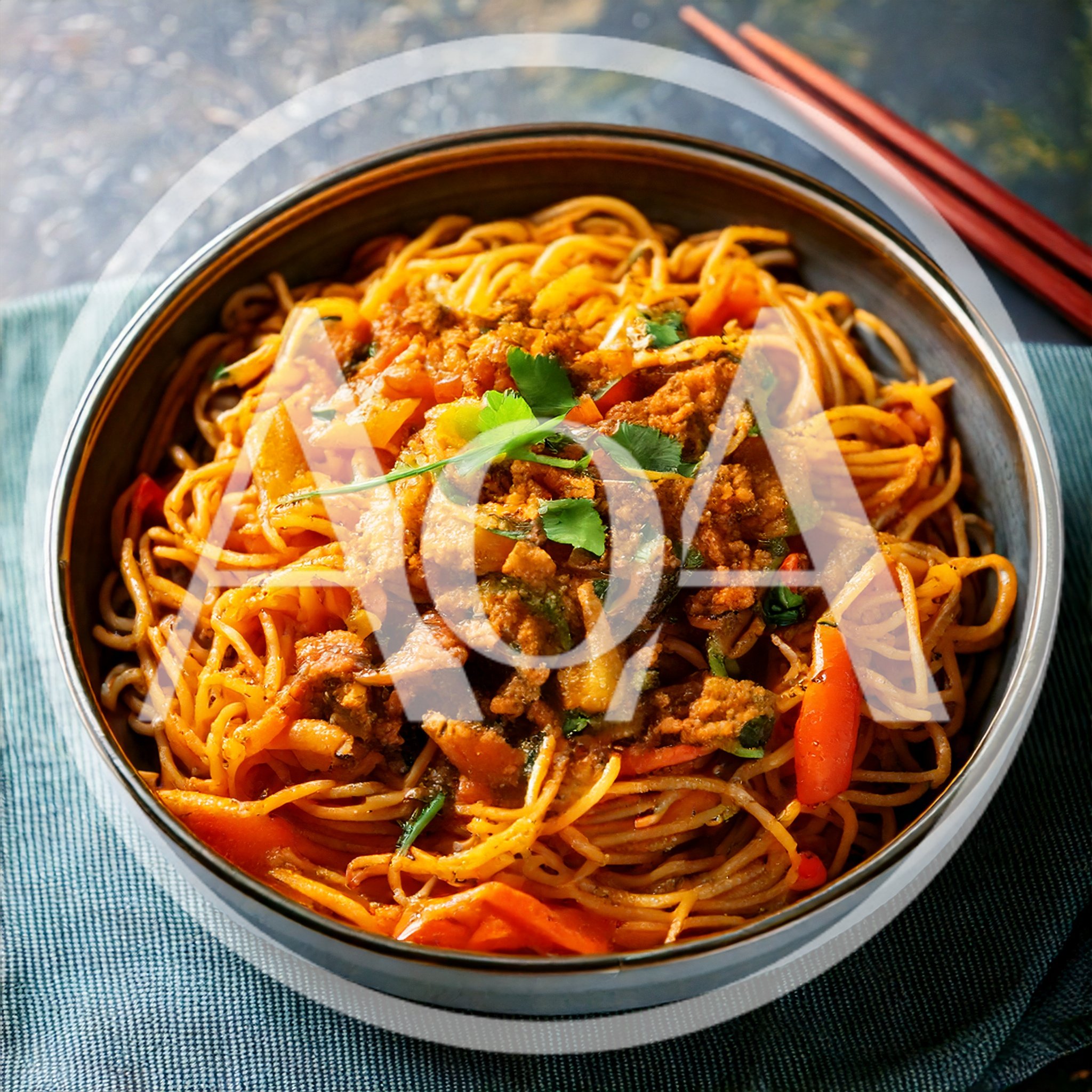Bowl Of Spicy Stir Fried Noodles With Vegetables