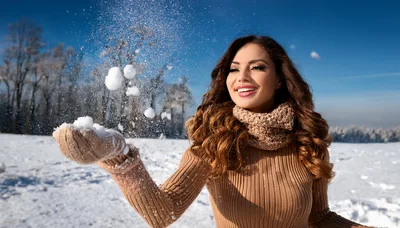 Happy Woman Playing With Snow In Winter