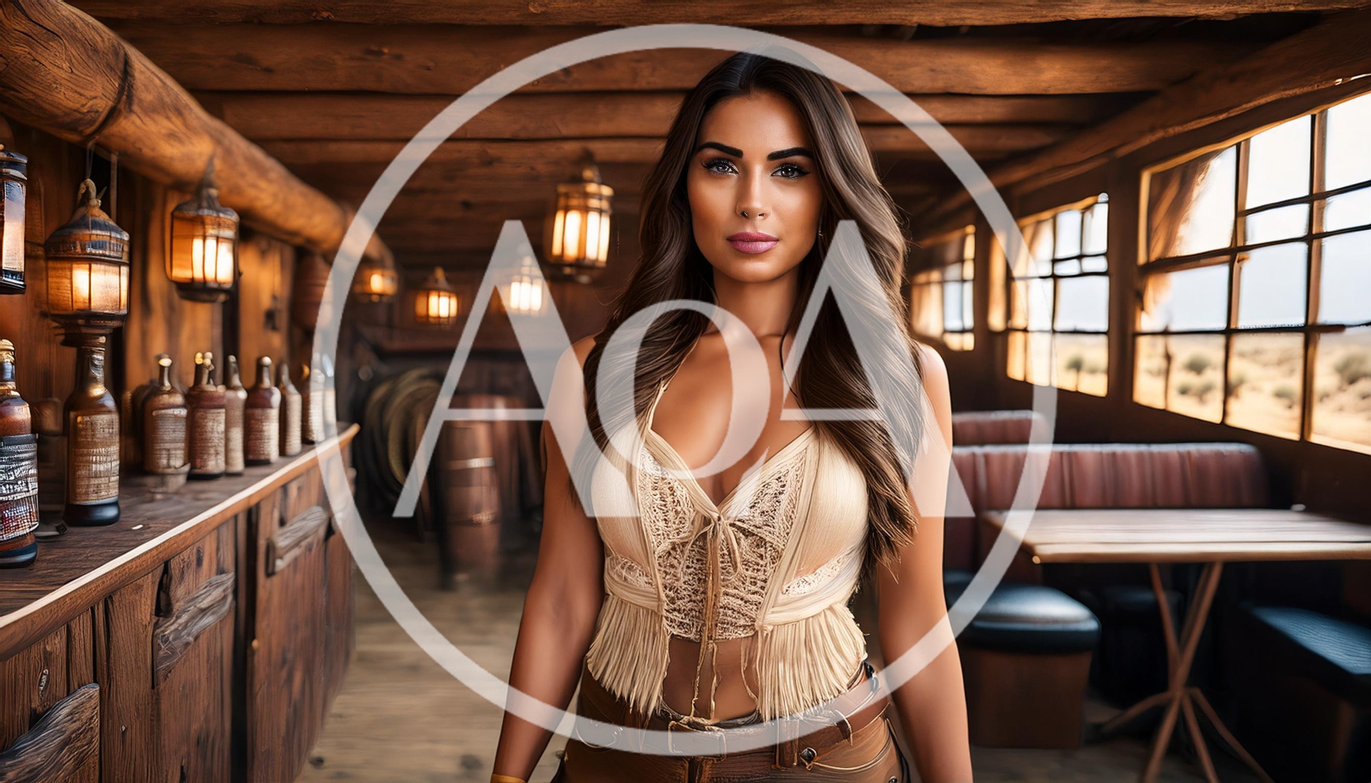 Beautiful Woman Standing In A Rustic Western Saloon