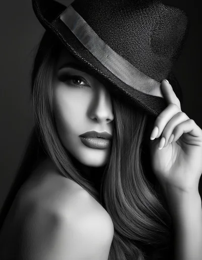 Glamorous Woman Wearing A Fedora Hat In Black And White