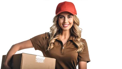 Smiling Delivery Woman Holding Cardboard Box
