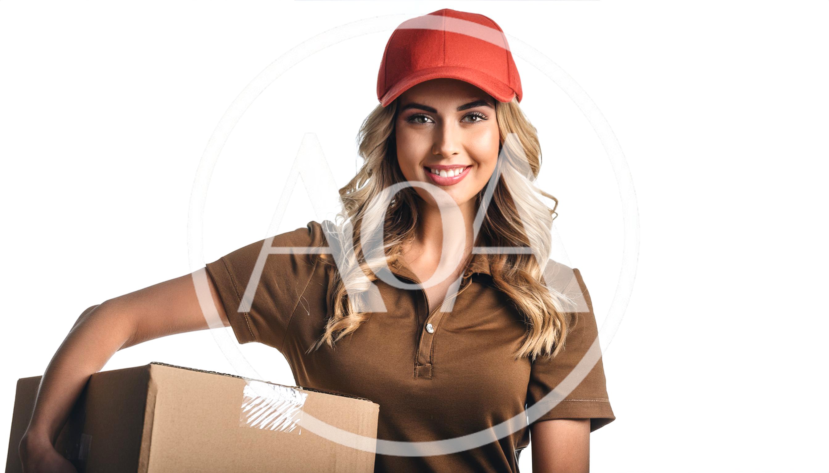 Smiling Delivery Woman Holding Cardboard Box