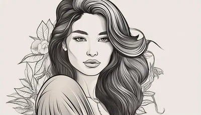 Elegant Woman Portrait With Floral Background Line Art