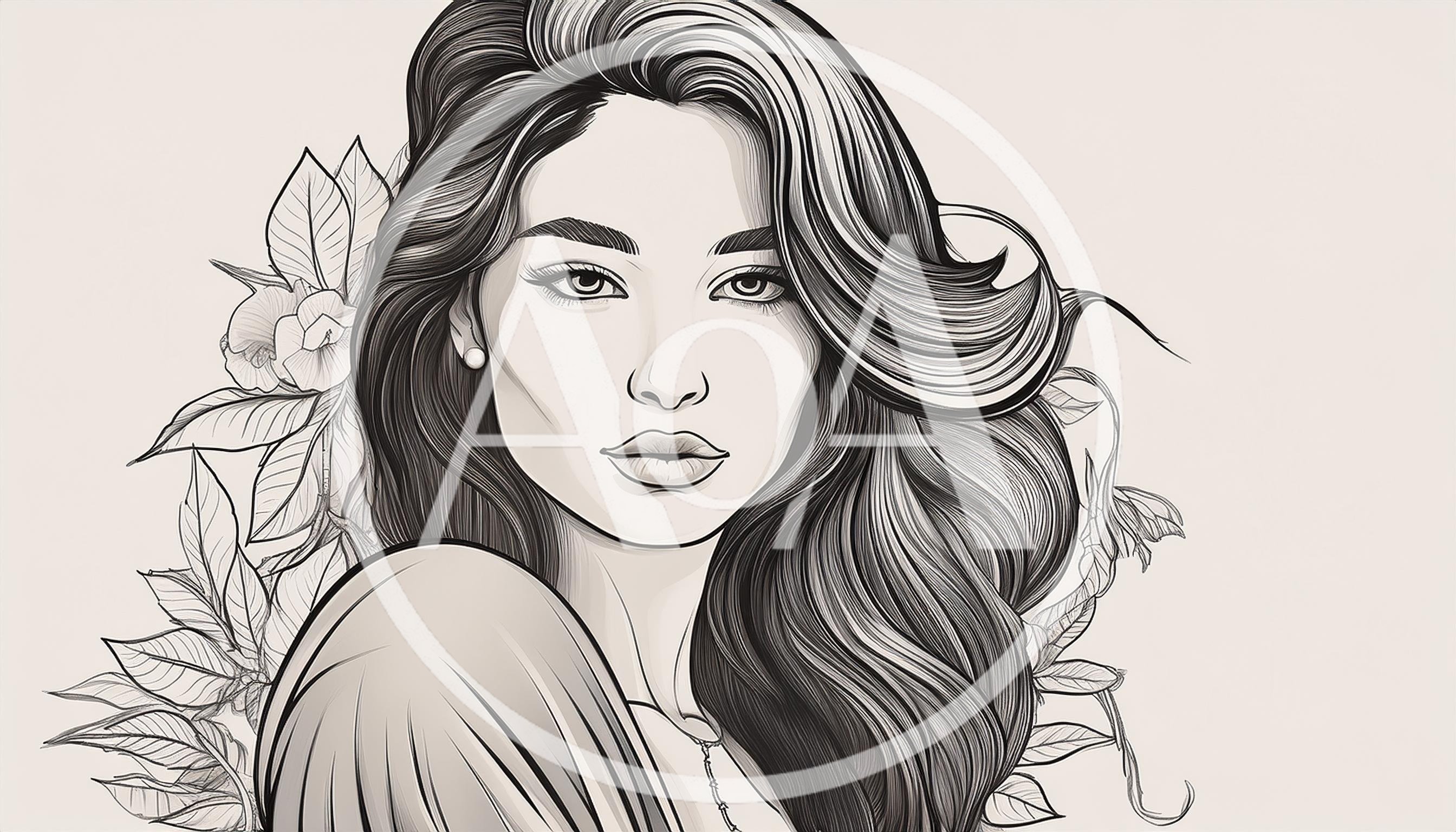 Elegant Woman Portrait With Floral Background Line Art