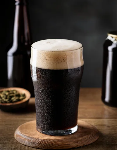 Cold Glass Of Dark Stout Beer On Wooden Table