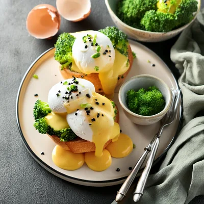 Gourmet Eggs Benedict With Broccoli On A Plate