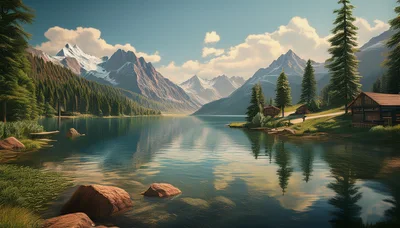 Scenic Mountain Lake Landscape With Wooden Cabins