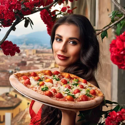 Beautiful Woman Holding Fresh Pizza Overlooking Italian City