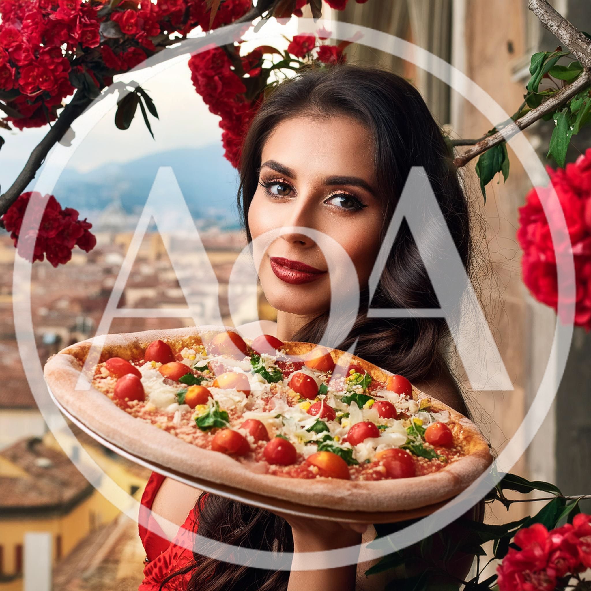Beautiful Woman Holding Fresh Pizza Overlooking Italian City