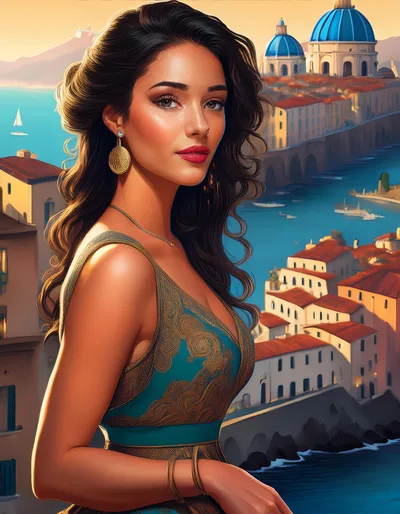 Elegant Woman In Mediterranean Coastal Town Setting