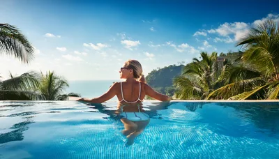 Woman Relaxing In Tropical Infinity Pool